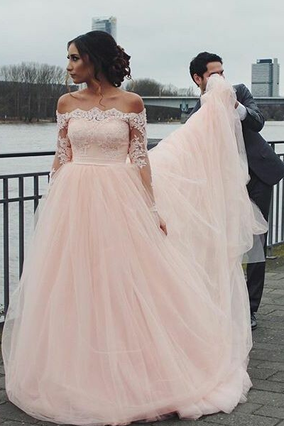 Lace Off-the-shoulder Pink Wedding Gown ...